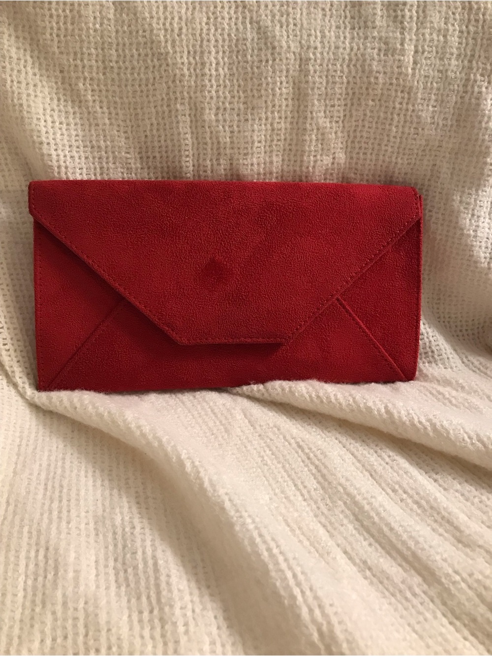 Jones New York Red Suede Envelope Clutch with Polka Dot lining
